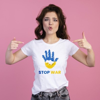 STOP WAR IN UKRAINE T-SHIRT (White; Unisex)