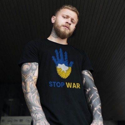 STOP WAR IN UKRAINE T-Shirt (Black; Unisex)